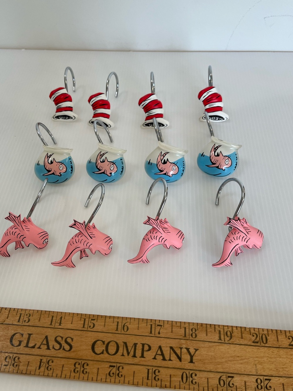 Set of 12 Dr. Seuss Shower Hooks with Red-White Hats, Pink Fish & Blue Bowls